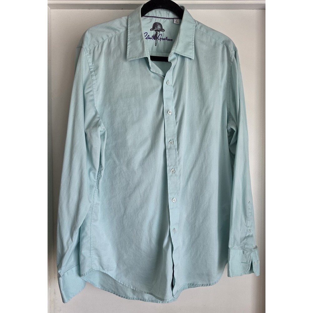 Robert Graham Men L Striped Cotton Button-Up Shirt Light Blue Long Sleeve